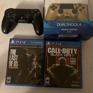 PlayStation 4 games, 2 remotes, gold one is brand new.